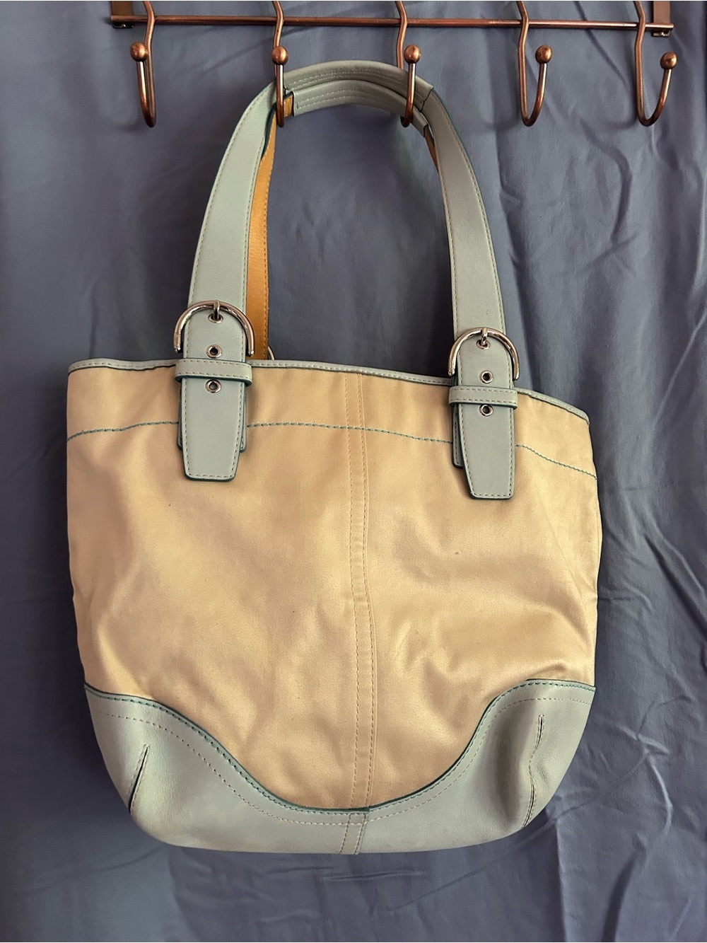 Vintage Coach Canvas & Baby Blue Leather Tote Bag